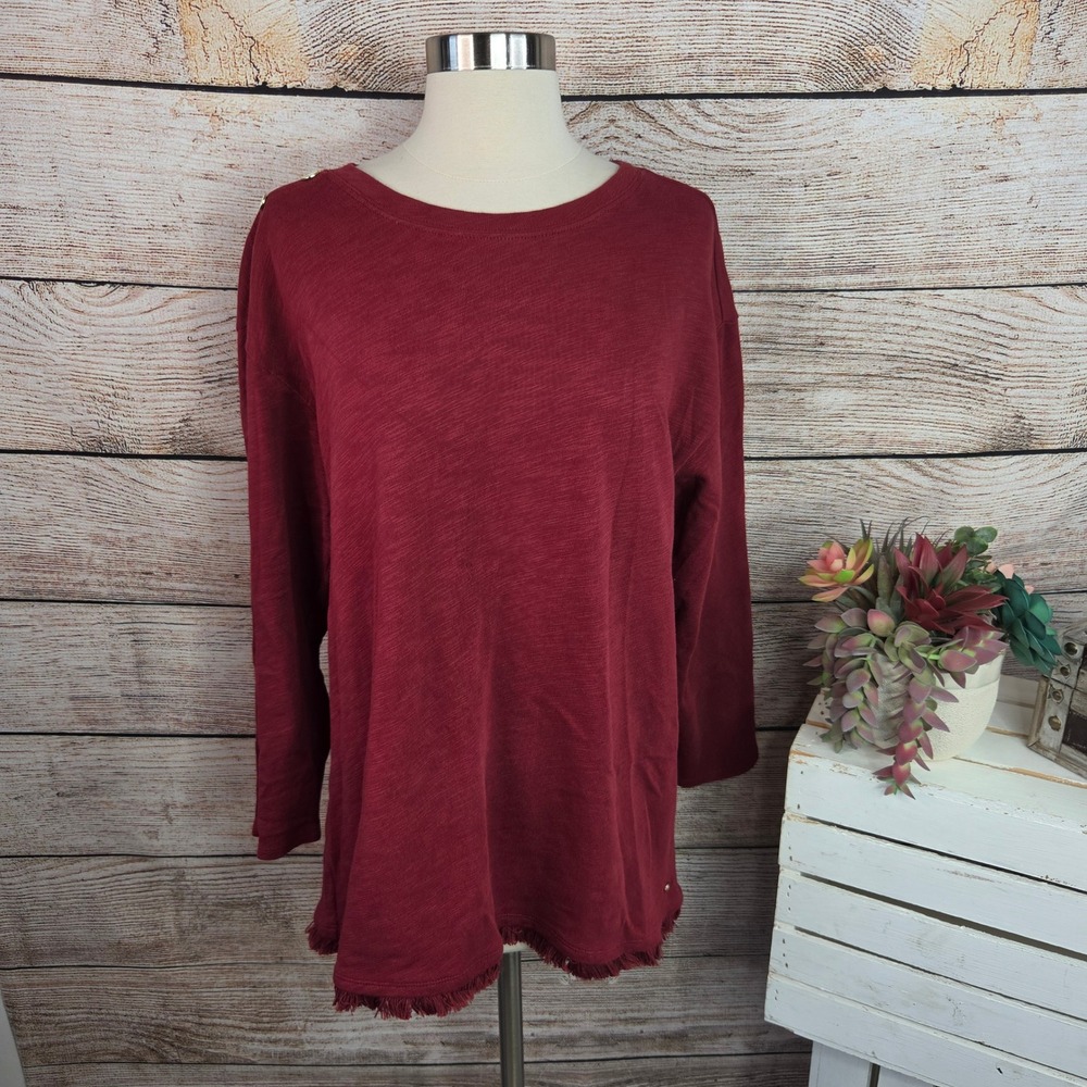 5/$25 Spartina 449 Womens XL Burgundy Hudson Fringe Button Tunic Top